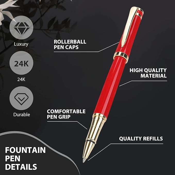 cheericome Luxury Rollerball Pen - Professional Pen, Executive Pen, Journal Pen, Perfect for Silky Smooth Writing, with Gift Box, Nice Pen for Men and Women, 2 Extra Premium Black Refills - Red