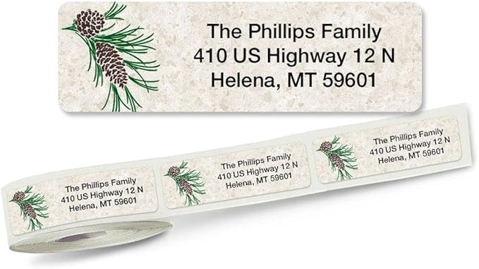 Pinecone Winter Holiday Rolled Personalized Return Address Mailing Labels with Dispenser, Set of 500, Small ¾ x 2½ Inch Size, Custom Self-Adhesive Sticker Roll, by Colorful Images