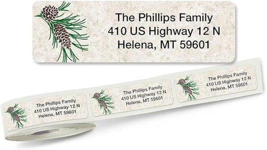 Pinecone Winter Holiday Rolled Personalized Return Address Mailing Labels with Dispenser, Set of 500, Small ¾ x 2½ Inch Size, Custom Self-Adhesive Sticker Roll, by Colorful Images