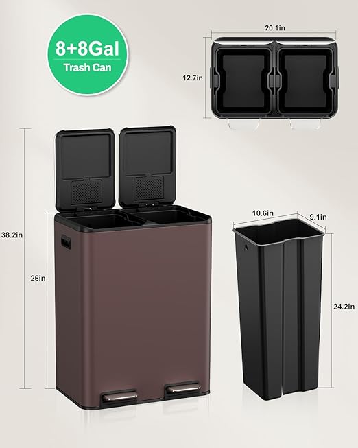 TLSUNNY Kitchen Dual Trash Can, 60L Hands-Free Stainless Steel Garbage Can, Classified Rubbish Bin with Double Compartments, Soft-Close Lid, Inner Bucket, Odor Control (60L) (Brown)