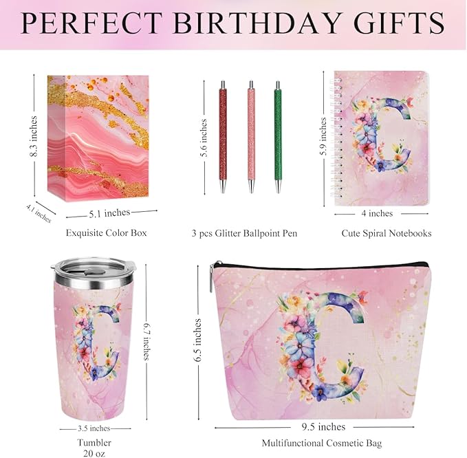 Personalized Gifts Monogrammed Birthday Gifts for Women, Cowerker Wife Sister Wedding Christmas Initial 20 oz Tumbler, Makeup Bag Cup Ballpoint Pens Journal Notebook 6 Set, (Aesthetic Pink Flower C)