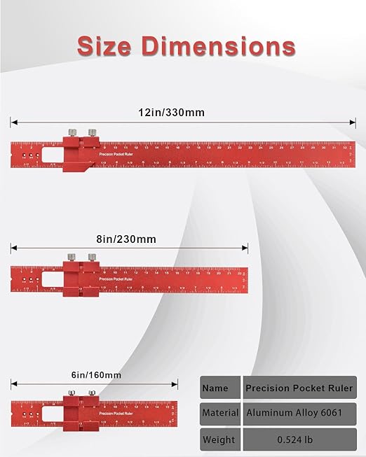 Woodworking Ruler Precision Pocket Rule - BOXmime 12,8,6 Inch Metal Slide Stop Marking Ruler Metric Inch Measuring Wood Working Scribing Rulers - Engineers Woodwork Adjustable Sliding Ruler