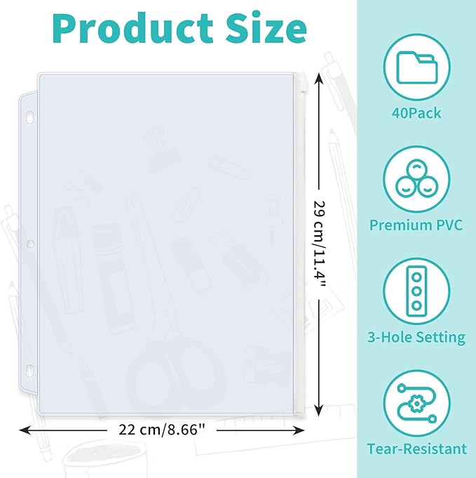 Binditek 40 Pack Plastic Zippered Binder Pockets, 3-Hole Punched for 3 Ring Binder, Clear PVC with Multicolor Zippers, Waterproof Loose Leaf Bag Pouch for Document Filing and Storage