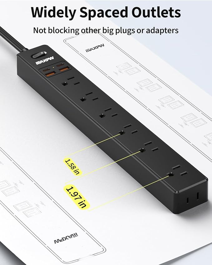 6 Ft Power Strip Surge Protector - 7 Outlets 4 USB Ports (2 USB C), Ultra Thin Flat Extension Cord & Flat Plug, 1700 Joules, Wall Mount, Desk Charging Station for Home Office Dorm, Black