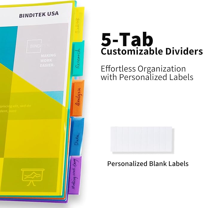 Binditek 15 Pack Plastic Dividers with Front Pocket, 5-Tab Insertable Poly Pocket Dividers for 3 Ring Binders, Letter Size, Multicolor, 3 Set, for Students and Coworkers