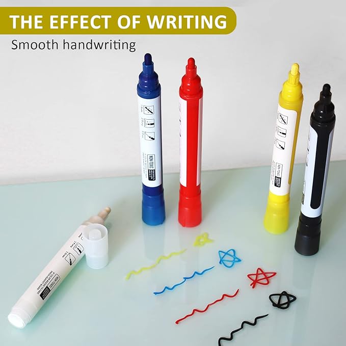 Bright Yellow Dry Erase Markers for Black Glass Board, 2-in-1 Reversible Dual Tip - Bullet & Fine, Easy Clean Grip Liquid Chalk Pens for Acrylic Board, 10 Pack