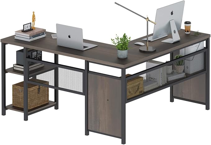 FATORRI L Shaped Desk, Industrial Reversible Home Office Computer Desk with Wood Shelves, Corner Desks with Metal Legs (Walnut Brown, 59 Inch)