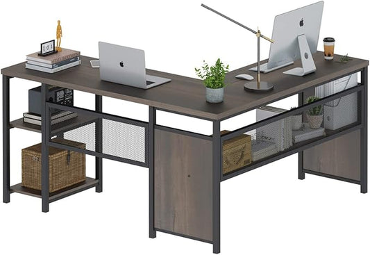 FATORRI L Shaped Desk, Industrial Reversible Home Office Computer Desk with Wood Shelves, Corner Desks with Metal Legs (Walnut Brown, 59 Inch)