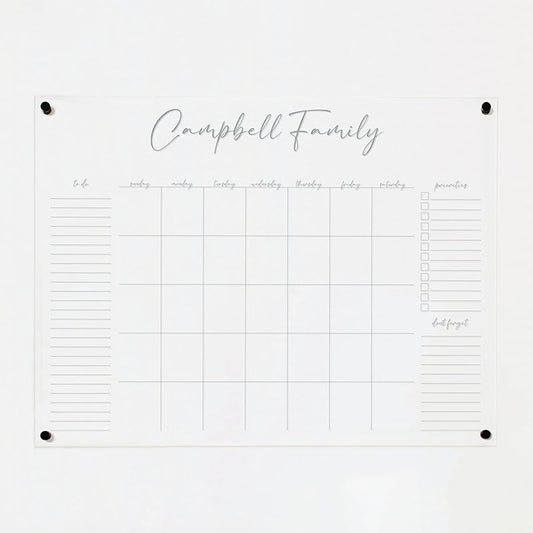 Personalized Clear Acrylic Calendar for Wall, Calendar Whiteboard for Wall, Dry Erase Wall Calendar, Wall Calendar Organizer System for Home (Cursive, Grey, 47.5"W x 36"H)