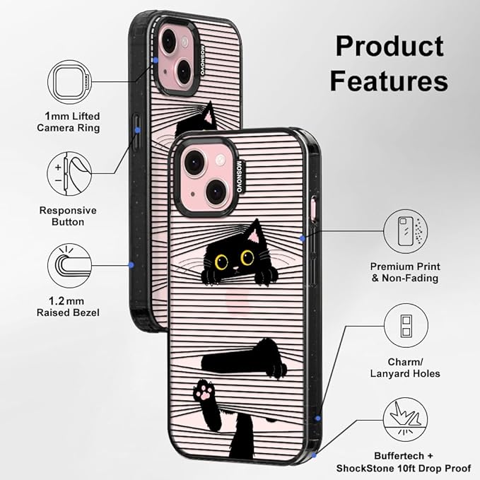 MOSNOVO Case for iPhone 15, [10ft 4X Military-Grade Drop Protection] Durable & Shockproof Phone Case Cover Design for iPhone 15 - Hidden Black Cat - Clear Black