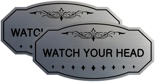 Signs ByLITA Victorian Watch Your Head Sign (Brushed Silver) - Small 2 Pack