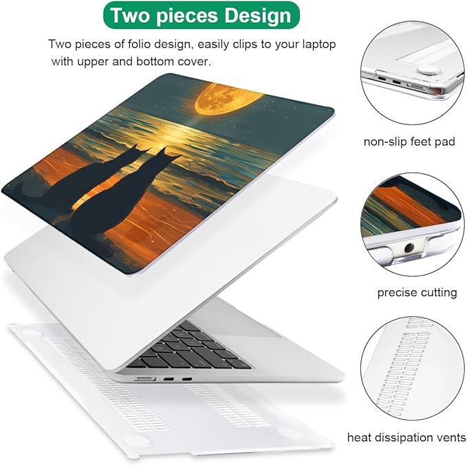 Compatible with MacBook Air 13.6 inch Case 2025 2024 2023 2022 Release M4 A3240 M3 A3113 M2 A2681 with Touch ID, Pattern Plastic Hard Shell Cover for MacBook Air 13.6 M4, Cat Watching Moon