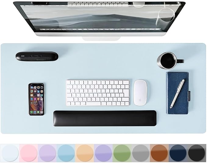 Mouse Pad Desk Protector Mat, Large PU Leather Office Desk Mat, Non-slip Desk Pad for Keyboard and Mouse, Waterproof Desk Blotter Pad for Writing, Wide & Smooth Laptop Desk Pads, Baby Blue (17’’X36’’)