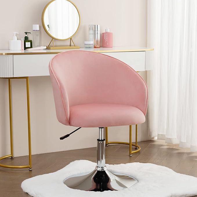 Furnimart Velvet Vanity Chair with Chrome Frame, Height Adjustable & Swivel, Pink - Living Room, Bedroom, Office