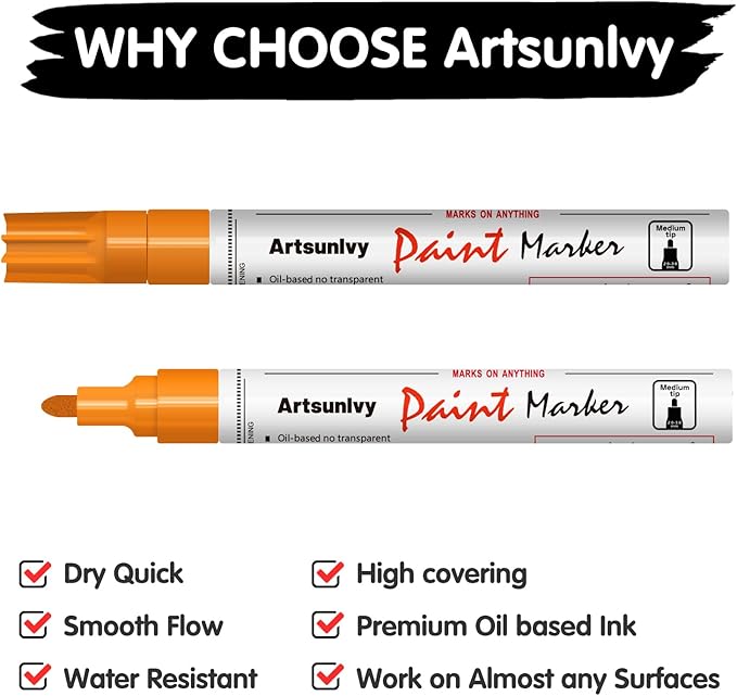 Orange Paint Pens Permanent Markers - 2 Pack Oil Based Quick Dry Waterproof Markers for Tire, Rubber,Wood, Rocks, Metal, Canvas, Plastic, Dark Surface,Craft Art Supplies,Medium Point