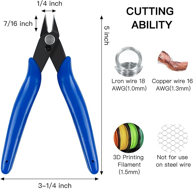 HongWay 5pcs Micro Flush Cutters With Internal Spring, 5 Inches Blue - Side and Diagonal Cutters for Electronics, Heating Wire, Model Sprue, Soft Copper Wire Snips