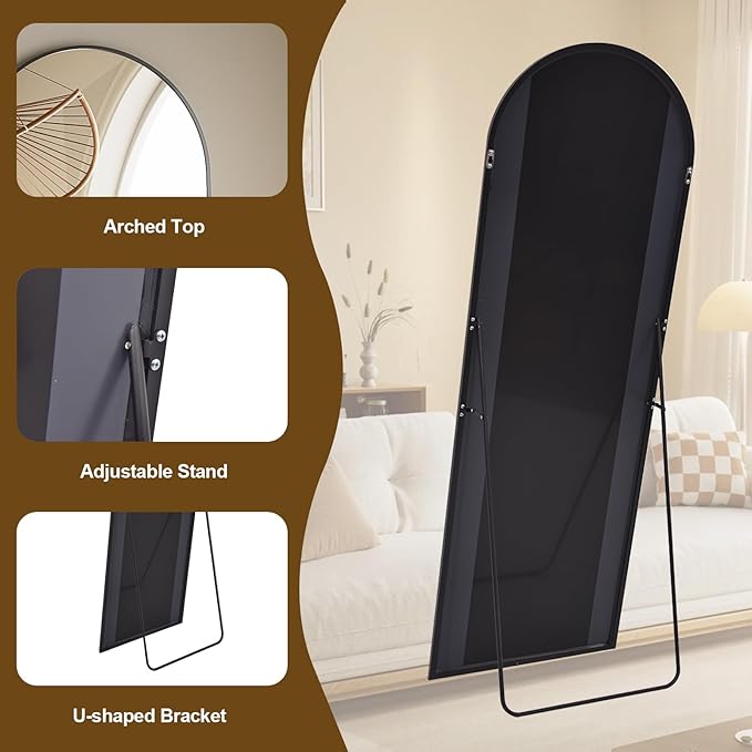 Full Body Mirror 26x71 inch Arched Full Length Mirror with Stand Aluminum Wall Mounted Hanging or Leaning Standing Mirrors,Black