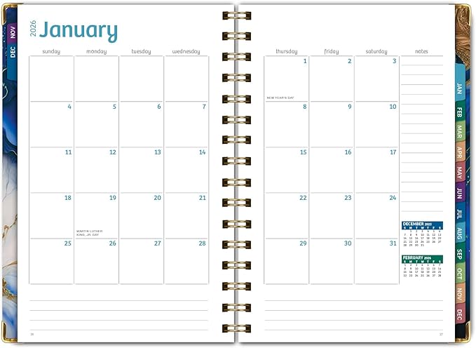 HARDCOVER 2026 Planner, 5.5"x8": 14 Months (November 2025 - December 2026), Daily Weekly Monthly Planner, Yearly Agenda, Bookmark, Pocket Folder and Sticky Note Set (Dark Blue Marble)