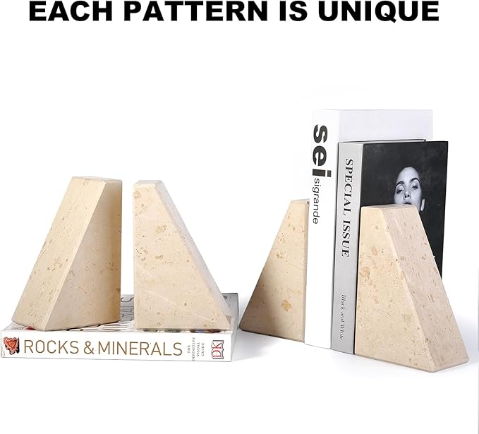 Marble Bookends for Heavy Books, Decorative Book Ends for Shelves, Beige Stone Durable and Heavy-Duty Book Ends for Hardback Books & CDS, Unique Book Stopper & Holder, Set of 2