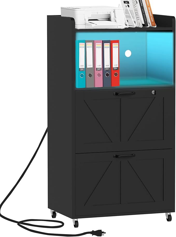 2 Drawer File Cabinet On Wheels & Charging Station, Wood Filing Cabinet with Lock & LED Light, Large Storage Printer Stand for Home Office, Black