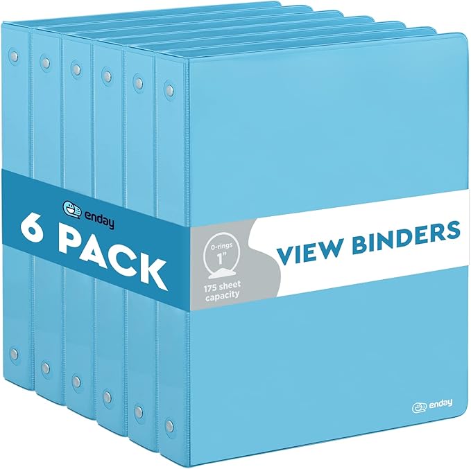 3 Ring Binder Blue, 1 Inch, 1” Clear View Cover with 2 Inside Pockets Round Ring Binder, Colored School Supplies Binders, Also Available in Pink, Blue, Purple, Green, and Grey (6 PC) – by Enday