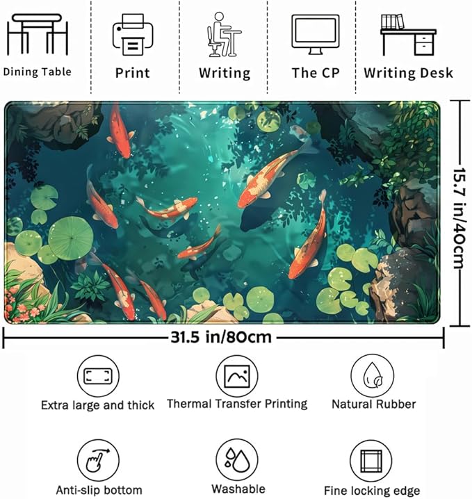 Koi Fish Desk Mat Gaming Koi Pond Desk Pad Large Cute Mouse Pad, Goldfish Mouse Mat XXL Laptop Keyboard Pad, Blue Waters Gamer Mouse Pad Full Mousepads Cool Office Accessories 31.5"x15.7"