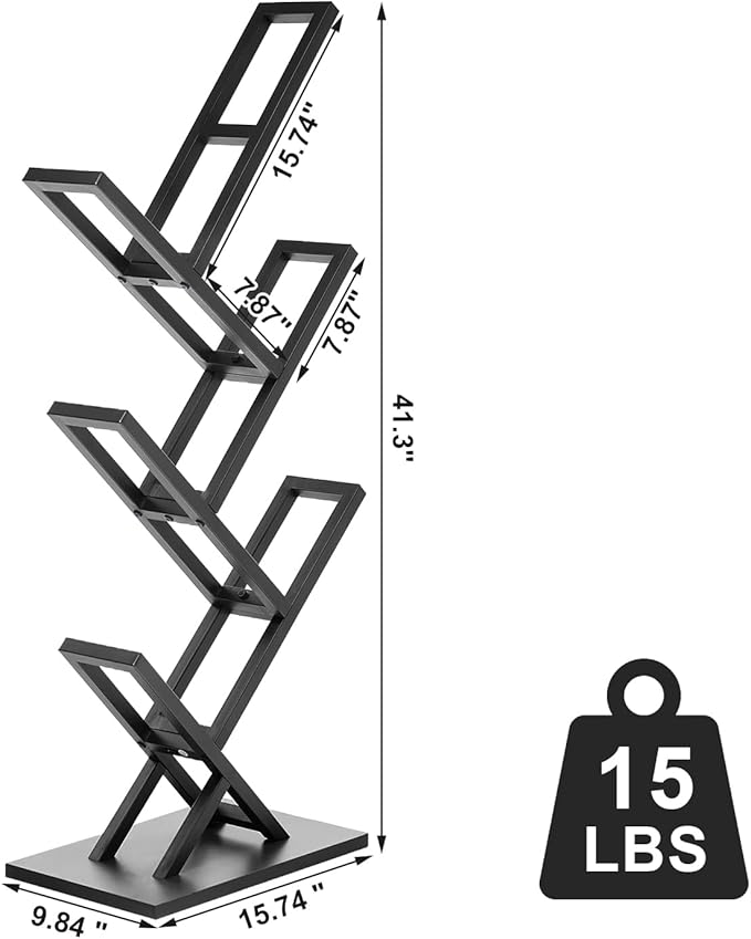 5 Tier Tree Bookshelf, Floor Standing Bookshelf for Narrow Space,Storage Organizer Bookshelves for Books/CDs/Magazine, Bookcase with Shelves for Home Office, Living Room-Black