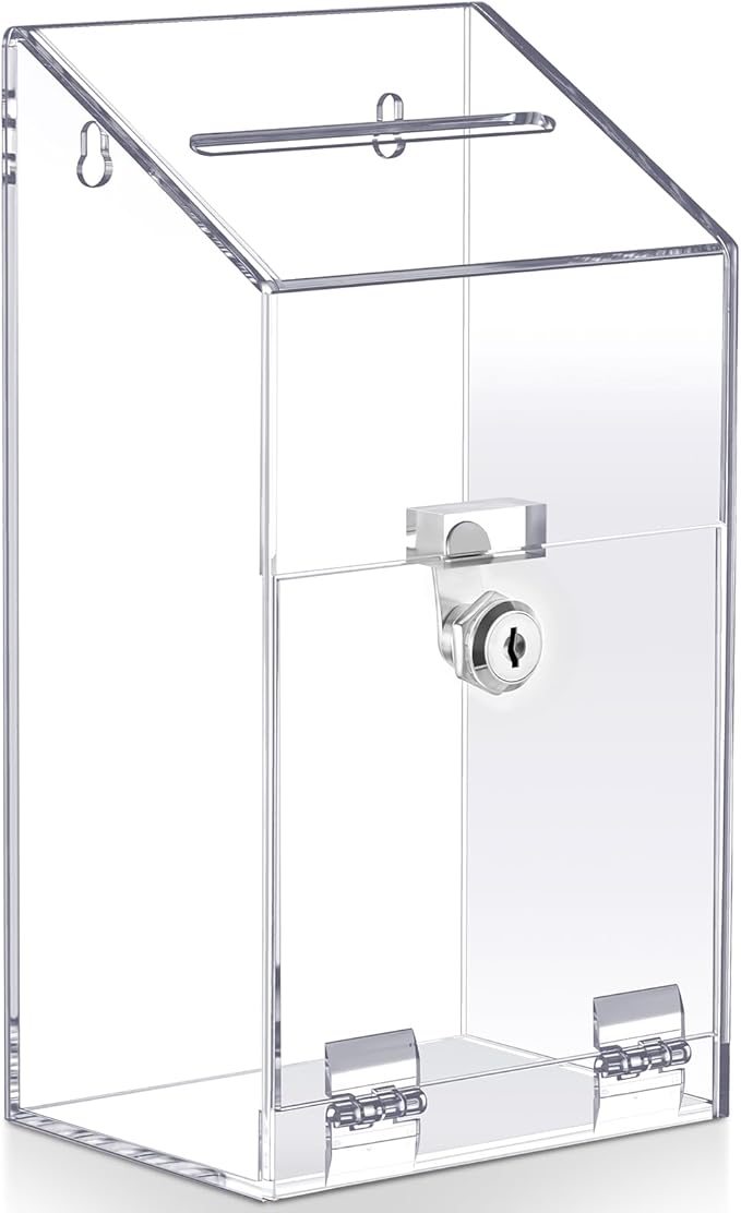Acrylic Donation Box 10.2" x 5.6" x 4" Suggestion Box with Lock and Slot Wall Mount Safe Key Drop Ballot Clear Fundraising for Home Office Vote