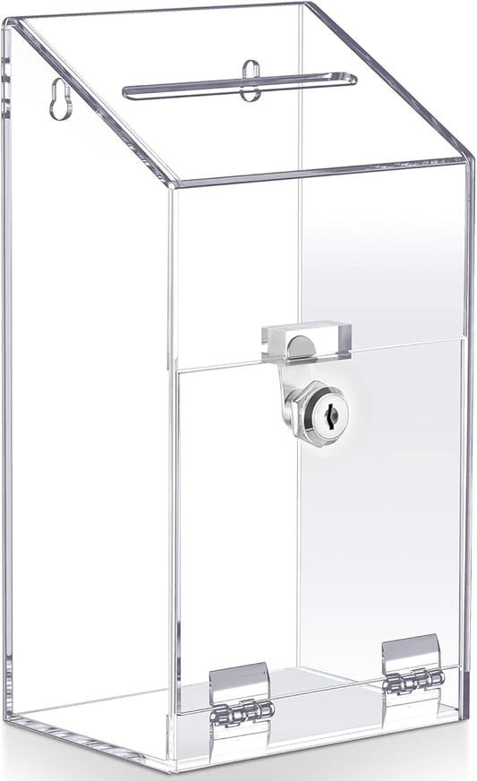 Acrylic Donation Box 10.2" x 5.6" x 4" Suggestion Box with Lock and Slot Wall Mount Safe Key Drop Ballot Clear Fundraising for Home Office Vote