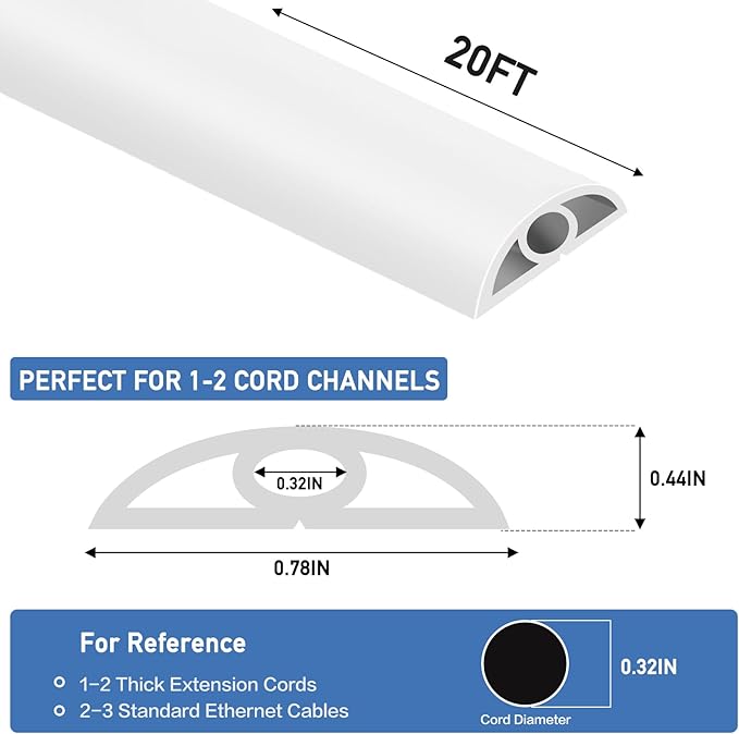 Floor Cord Cover Self Adhesive Cord Hider Floor Extension Cord Covers for Floor Power Cord Protector Cable Management Prevent Cable Trips Cable Cavity 0.32" W x 0.32" H (White, 20Ft)