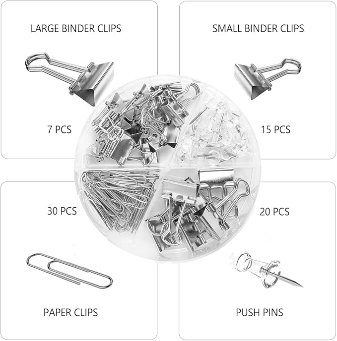 Silver Binder Clips and Paper Clips Push Pins Tacks Sets, Total 72 PCS Assorted Sizes Office Supplies Set for Women, Student, School, Home & Desk Supplies