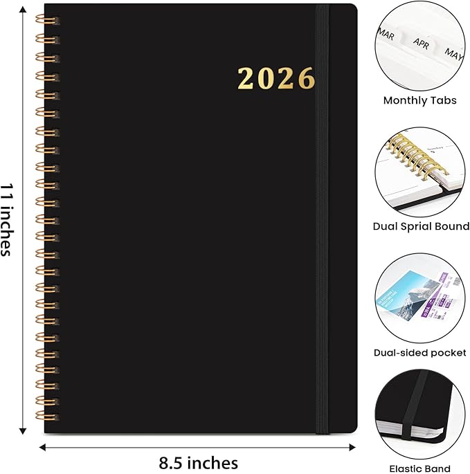2026 Planner 8.5" x 11", Weekly and Monthly Calendar Planner Book, January 2026 - December 2026, Hardcover Spiral Planner with Monthly Tabs, Notes Pages, Perfect for Women & Men, A4 - Black