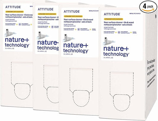 ATTITUDE Floor Cleaner Refill, EWG Verified, Streak-Free, Vegan & Plant-Based for Tile, Wood & Laminate Floors, Citrus Zest Scent, 67.6 Fl Oz (Pack of 4)