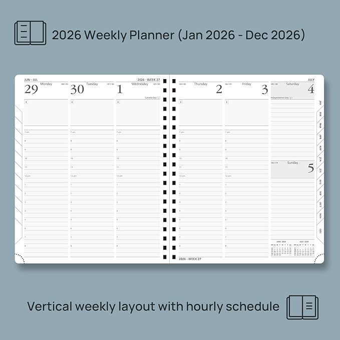 POPRUN 2026 Planner (Large - 8.5" x 10.5") with Hourly Schedule, Vertical Layout - 2026 Weekly Calendar (Jan. 2026 - Dec.2026) for Time Management, Monthly Tabs, Spiral Bound, Soft Cover - Blue Green