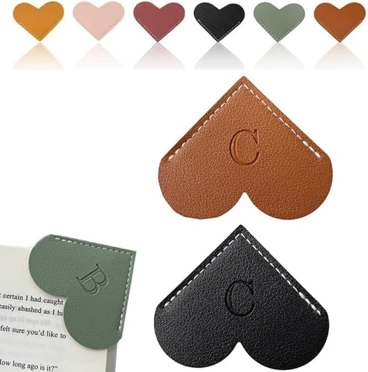 Personalized Leather Heart Bookmark, 26 Letters Customized Corner Book Mark for Reading Women, Book Marker with Initials，Cute Gifts (Black+Dark Brown, C)