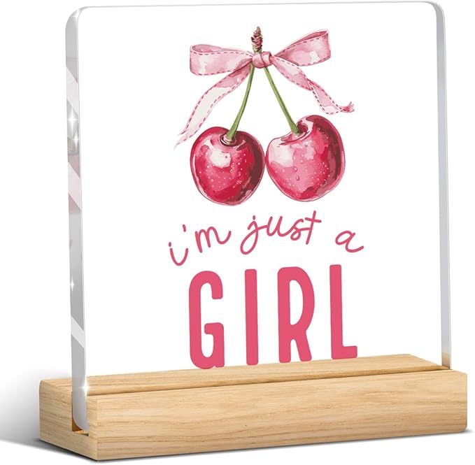 Preppy Coquette Cherry Gifts Pink Girl Room Decor for Cherry Lover Bow Sign Acrylic Sign Plaque Table Decorations for Home Farmhouse Bedroom