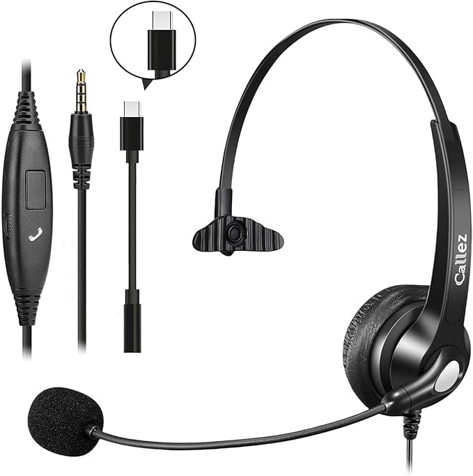 Callez Wired Computer Headset, 3.5mm Cell Phone Headset with Mic Noise Cancelling, USB-C Headphone for PC Laptop Mac iPhone Samsung Zoom Teams Call Center Home Office Work, in-line Controls