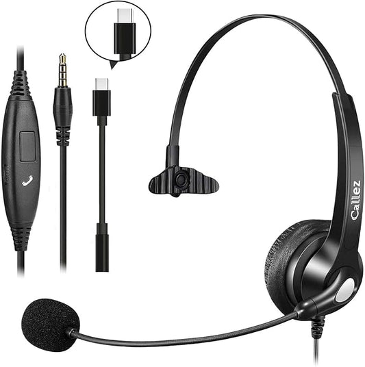 Callez Wired Computer Headset, 3.5mm Cell Phone Headset with Mic Noise Cancelling, USB-C Headphone for PC Laptop Mac iPhone Samsung Zoom Teams Call Center Home Office Work, in-line Controls