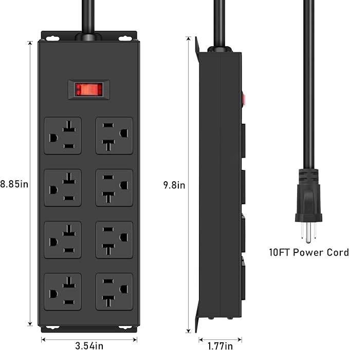 JUNNUJ Heavy Duty 20 Amp Power Strip, Garage 8 Outlets Metal 12 Gauge Surge Protector 3000J, High Amp 5-15P Adapter Shop 6-20R T-Slot Industrial Outlets (8AC, 10FT)