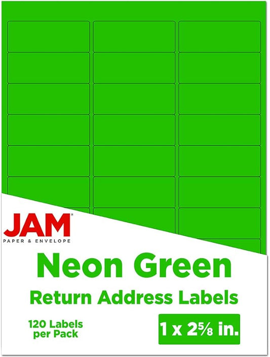 JAM PAPER Return Address Labels - Standard Mailing - 1 x 2 5/8 - Neon Green - 120 Shipping Labels/Pack