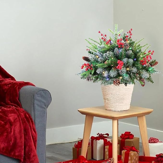 17.94" Prelit Planter Bushes Outdoor Christmas Tree with Lights, Pre-Lit Urn Filler Front Porch Decor with Pine Cones, Red Berries for Christmas Outdoor Holiday Home Decorations
