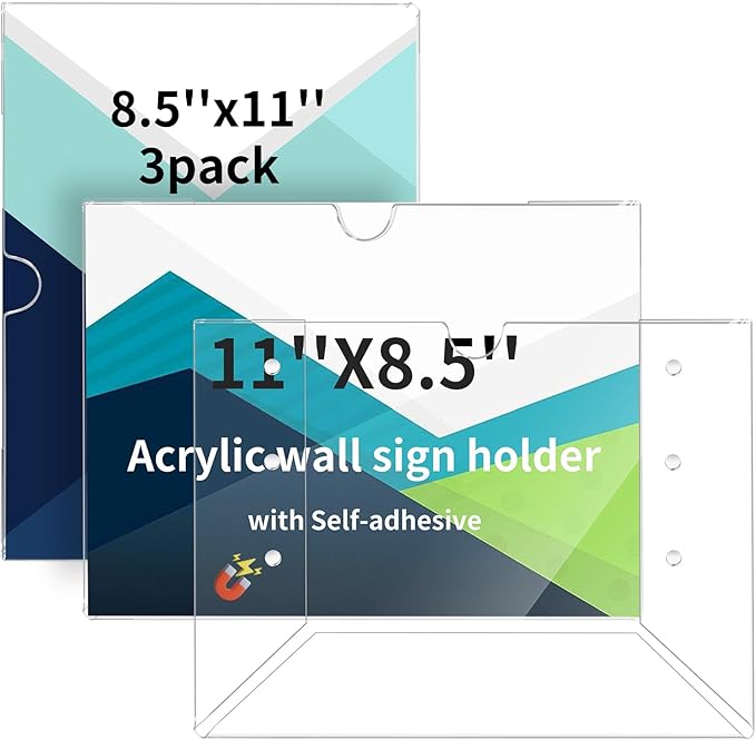 Acrylic Rigid Sign Holder 8.5 x 11 3Pack with Magnet and Self-adhesive, Horizontal and Vertical for Wall/Door/Window/Metal Surface, for Office/Store/Elevator Notices Poster Document Display