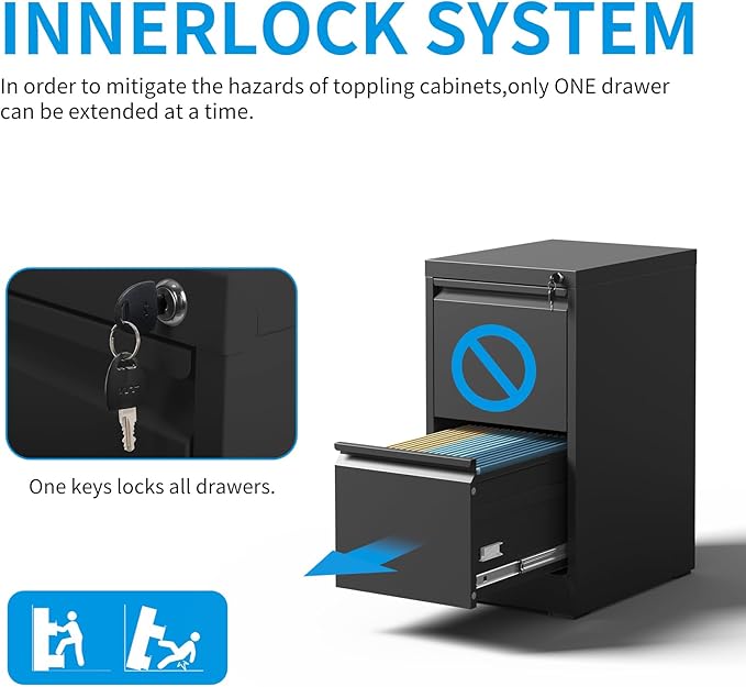 2 Drawer File Cabinet, Metal Vertical Filing Cabinet for Home Office, Locking Steel Easy Assemble 18" D File Cabinets for Legal/Letter/A4/F4 (Black)