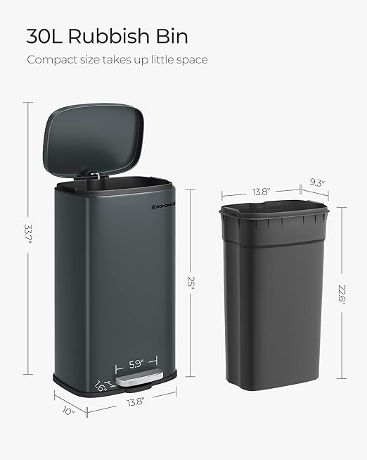 SONGMICS Trash Can with Lid, 8 Gallon Garbage Can, Stainless Steel Small Waste Bin with Step Pedal and Inner Bucket, Soft Close, Kitchen, Greenish Gray ULTB102G01