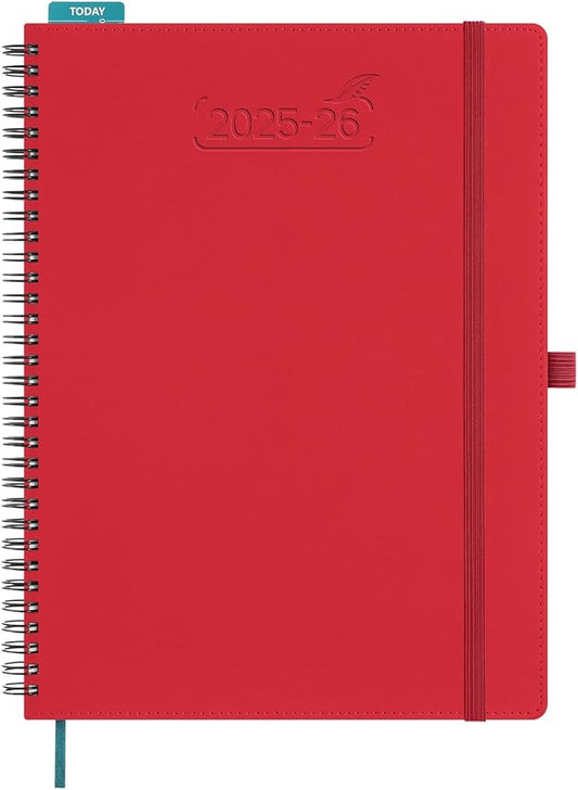 BEZEND Planner 2025-2026 Weekly and Monthly, 8.5" x 11" Academic Calendar (Jul 25-Dec 26) Vertical Daily Appointment with Hourly Timeslot & Monthly Tab, Spiral, PU Leather Softcover - Red