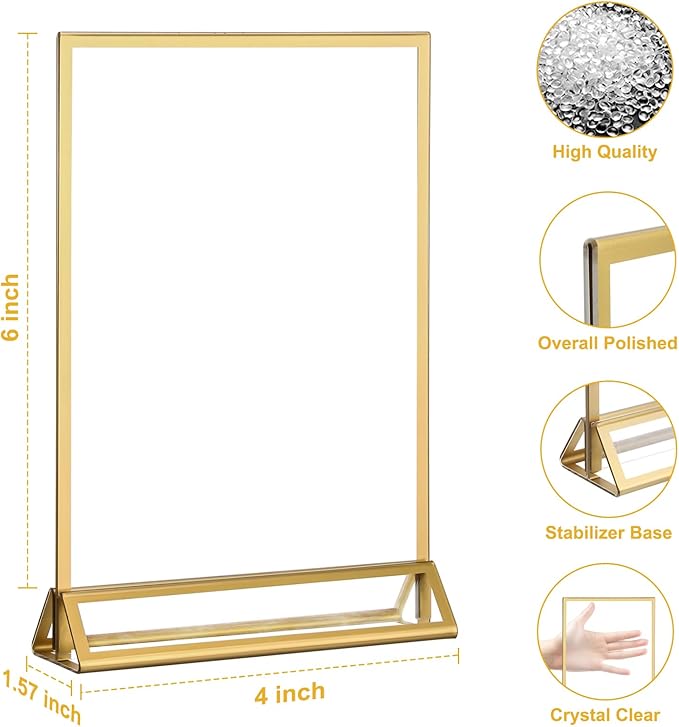 EHWINE 6 Pack Acrylic Sign Holder 4 x 6, Double Sided Gold Picture Frame Stand up Table Top Sign Holders, Clear Display Stand Menu Flyer Holder for Wedding Party