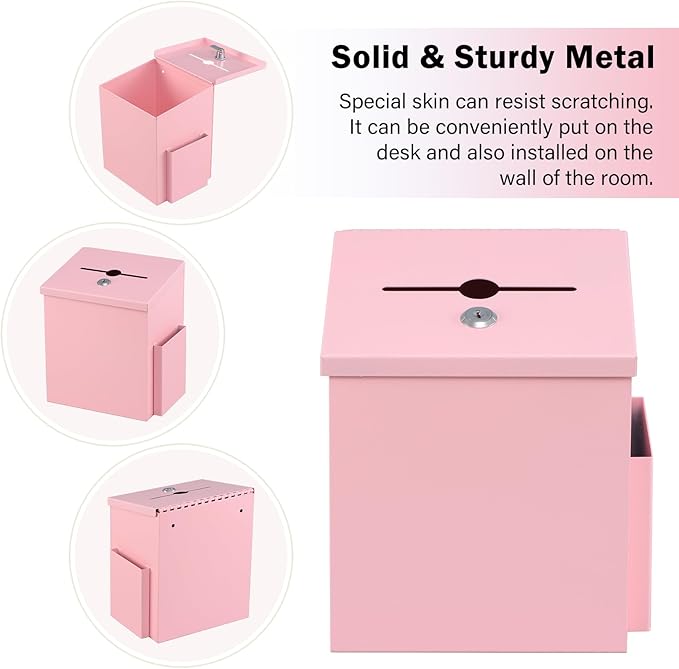 xydled Suggestion Box with Key Lock, Locking Metal Donation Ballot Drop, Comment Prayer Box with Slot for Office, Fundraising, Church, School, Home Use, Pink, 8.7 x 7.1 x 5.9 Inches