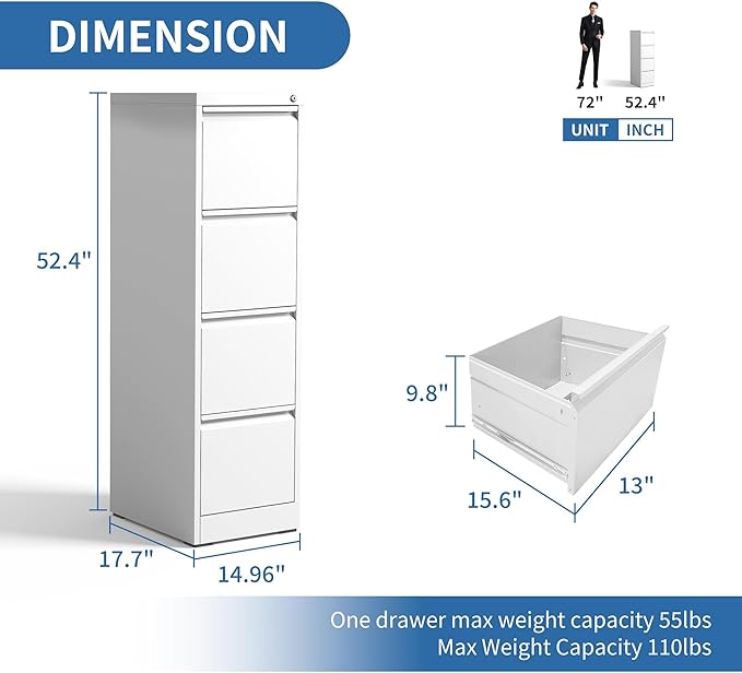 4 Drawer File Cabinet with Lock,Metal Vertical Filing Cabinets for Home Office,Heavy Duty File Storage Cabinet for Letter/Legal/A4/F4 Size File,Assembly Require (White, Vertical 4 Drawer)