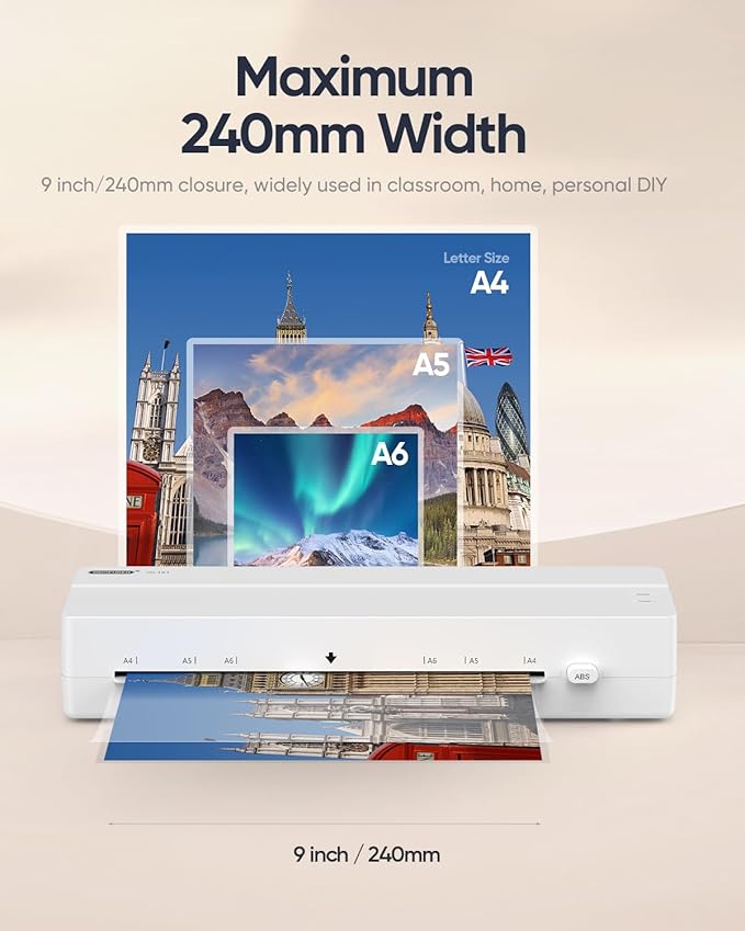 Laminator Machine, 9-Inch Thermal Laminator, Quick 4-Min Warm-Up, Jam-Free Technology, Portable Compact Design for Letter Size Sheets, Ideal for Home, Office & School Use