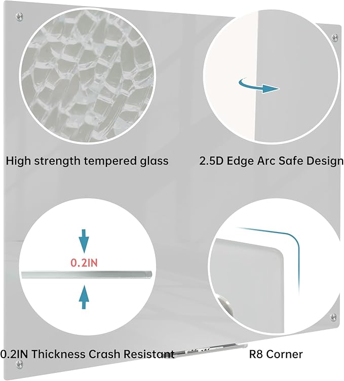 Magnetic Glass Dry Erase Board - White Board 48 x 36 Inch Wall Mounted Glass Whiteboard, Large Frameless Glass White Board for Wall Office, Home & School, Gray